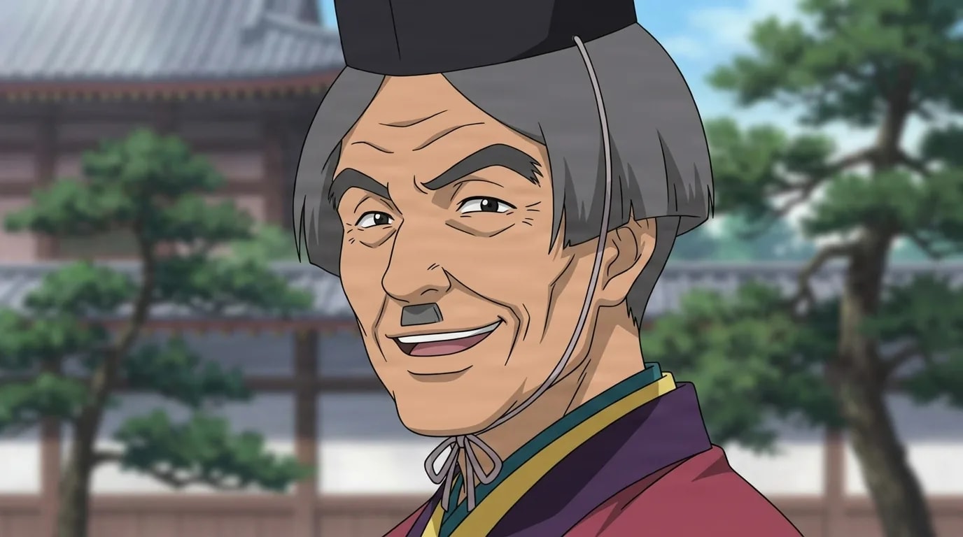 Evil Minister of the Tea Daimyō from Naruto in a close-framed cel-shaded anime scene with a detailed environment