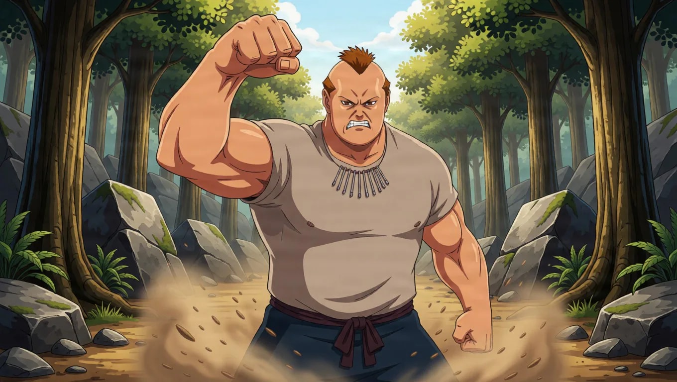 Heavyset muscular man with a reddish brown mohawk raising one clenched fist with an angry scowl in a rocky sunlit forest as dust swirls around him