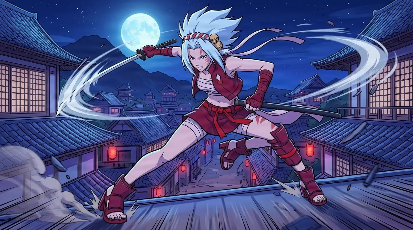 Silver haired kunoichi in a red outfit lunging across a moonlit village rooftop with a drawn katana, white sword trails swirling around her