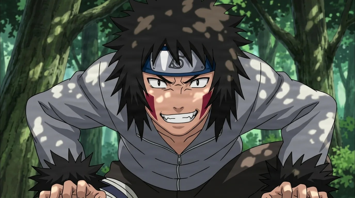 A wild black haired ninja with red fang shaped cheek markings crouches low in a fierce toothy snarl among sunlit forest trees, both hands clenched like claws.