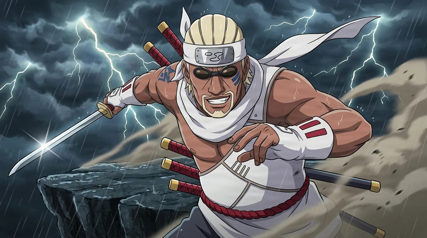 Killer B draws one of his swords in a fierce crouched pose on a storm lashed cliff, dark round glasses and a horned headband on while lightning splits the sky behind him