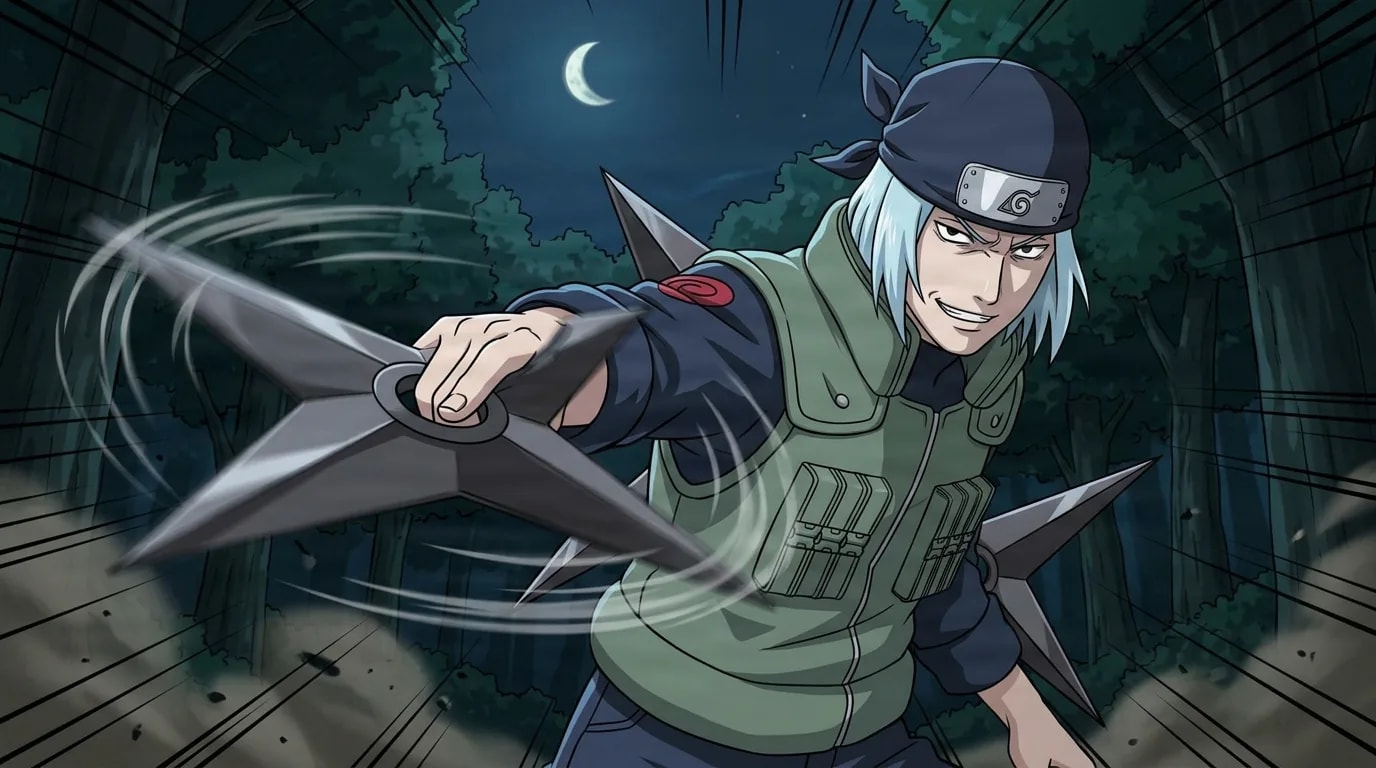 Mizuki hurls a large four bladed windmill shuriken with a menacing smirk in a dark moonlit forest, his pale blue hair tied under a dark bandana headband