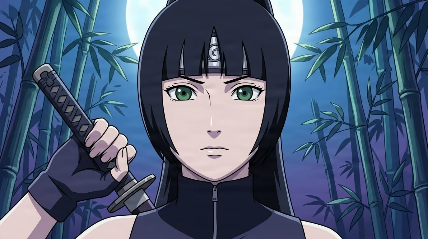 Black haired kunoichi with green eyes gripping the hilt of a katana over her shoulder in a moonlit bamboo grove, calm determined stare