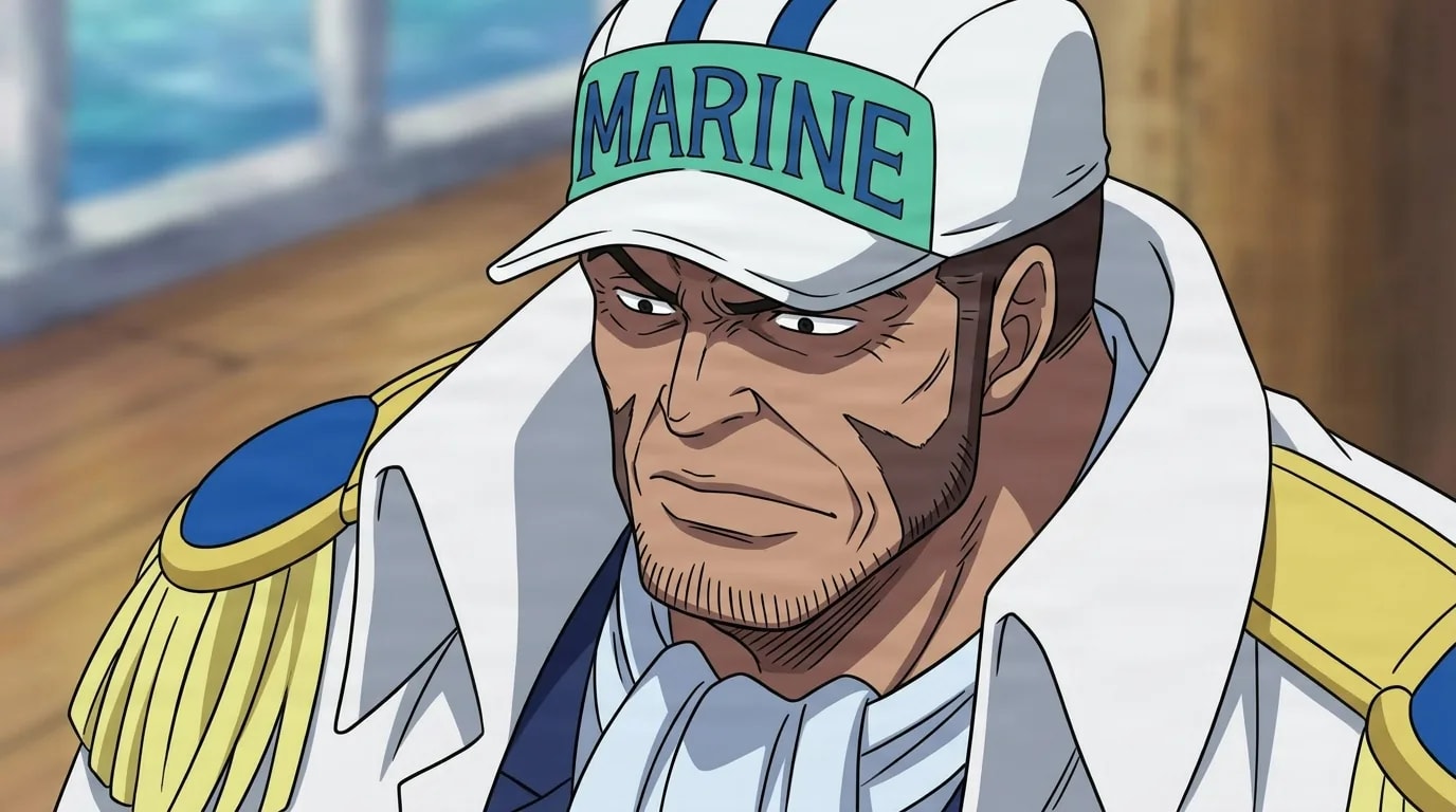 Drake from One Piece in a close-framed cel-shaded anime scene with a detailed environment