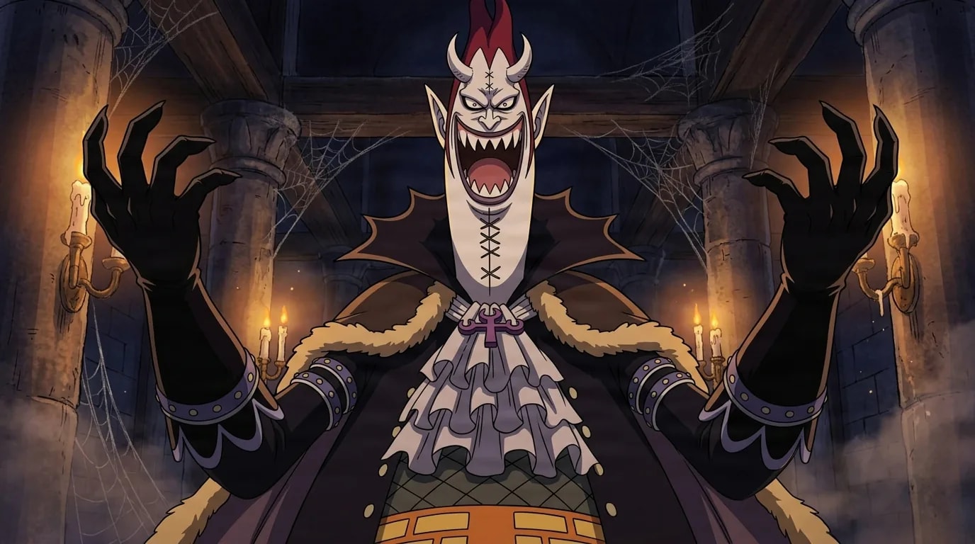 Tall pale-skinned villain with horns and a single red topknot bares sharp teeth in a wide grin, arms raised in black studded gloves, standing in a candlelit gothic mansion hall strung with cobwebs.