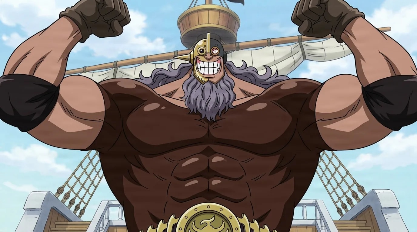Masked muscular pirate with lavender hair and beard flexes both arms in a triumphant pose on a ship deck under a bright sky