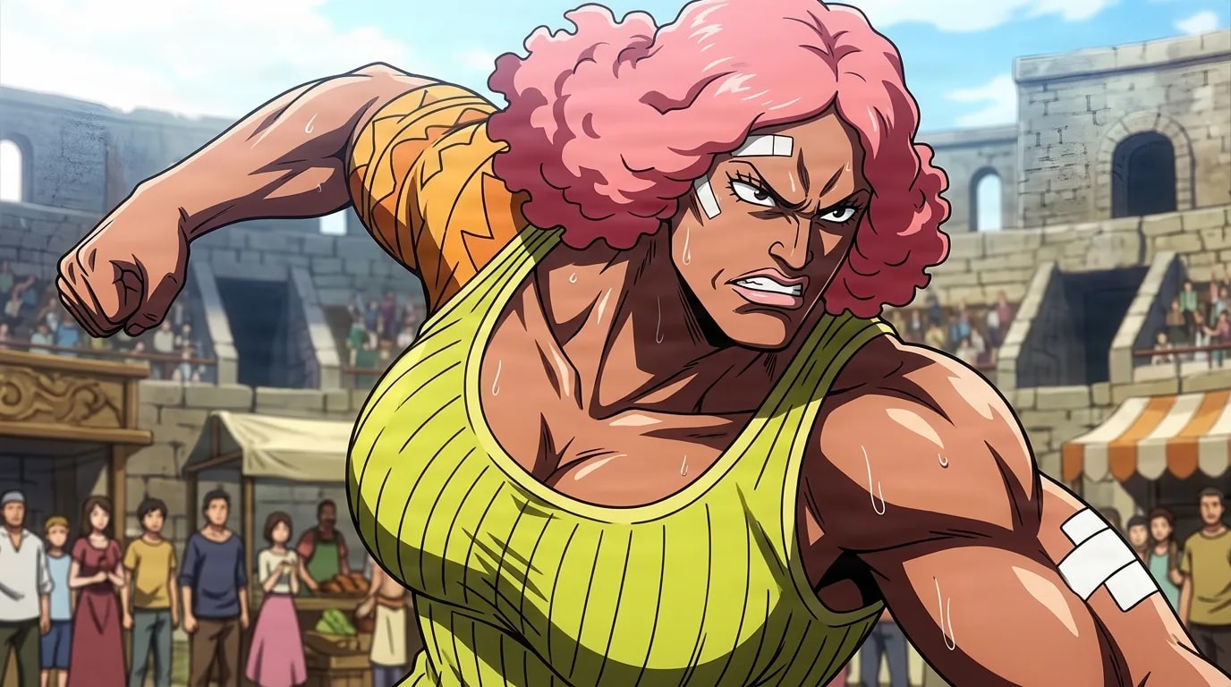 Miss Monday from One Piece in a close-framed cel-shaded anime scene with a detailed environment