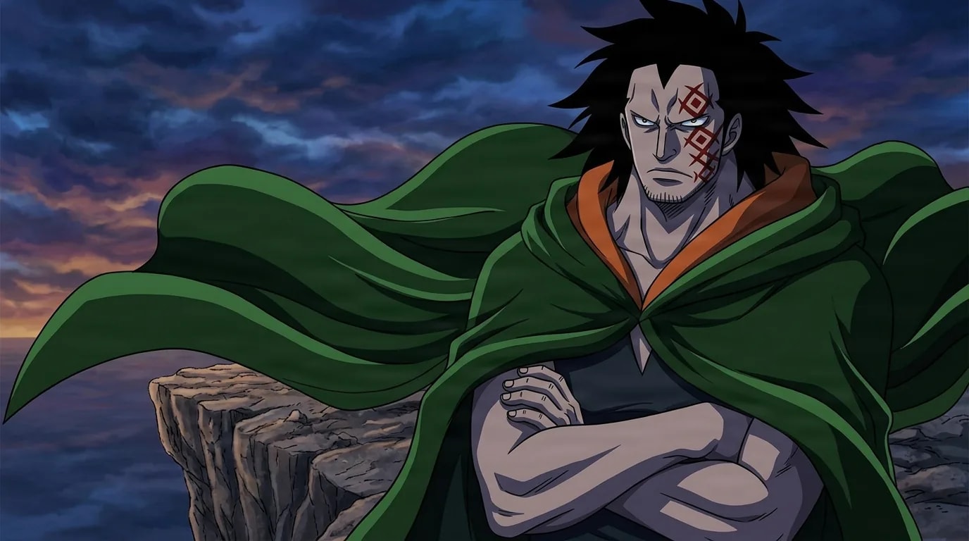 Black-haired man with a red tribal tattoo on his left cheek stands on a coastal cliff at dusk, wrapped in a billowing green cloak with an orange collar, arms crossed and glaring toward the sea.