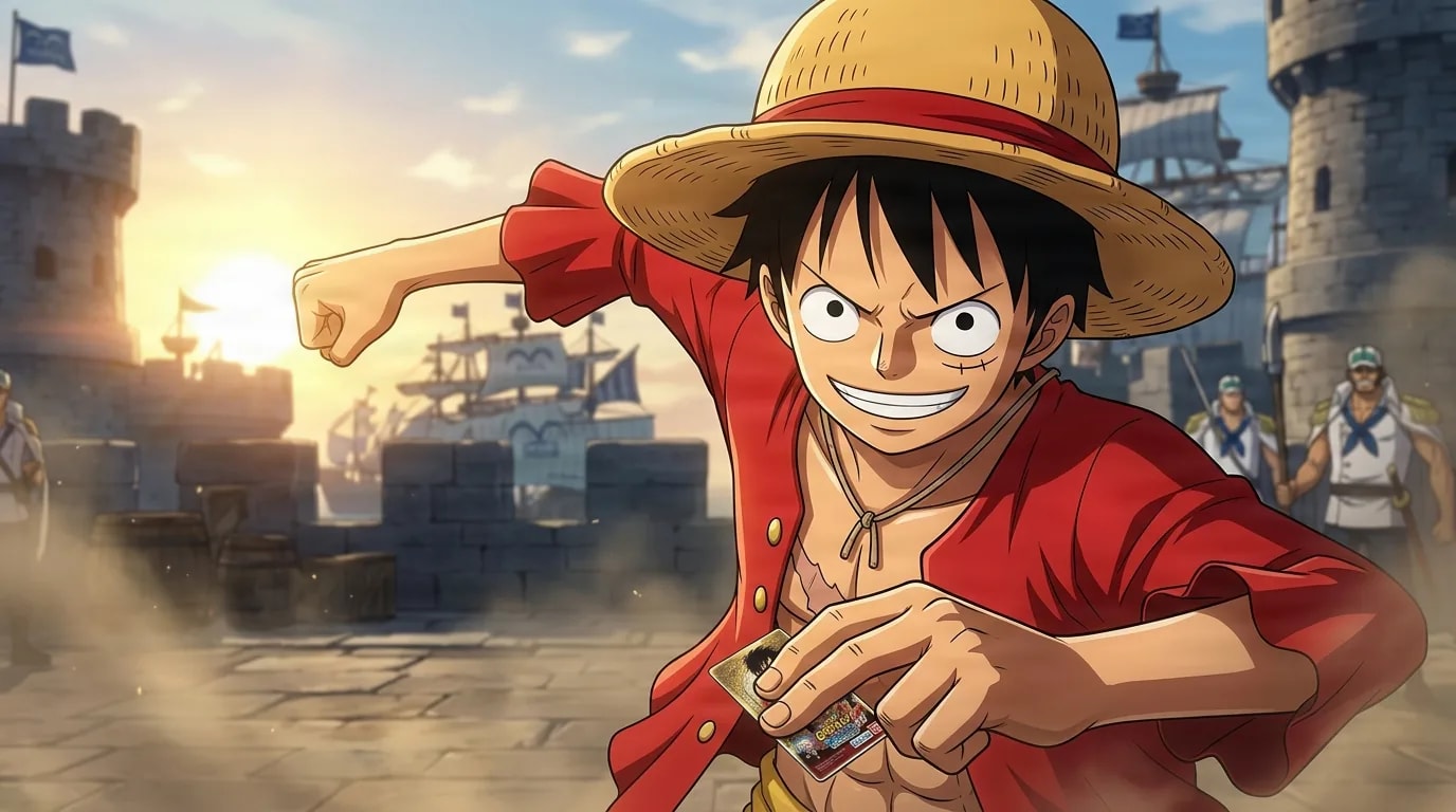 One Piece Miracle Battle Carddass from One Piece in a close-framed cel-shaded anime scene with a detailed environment