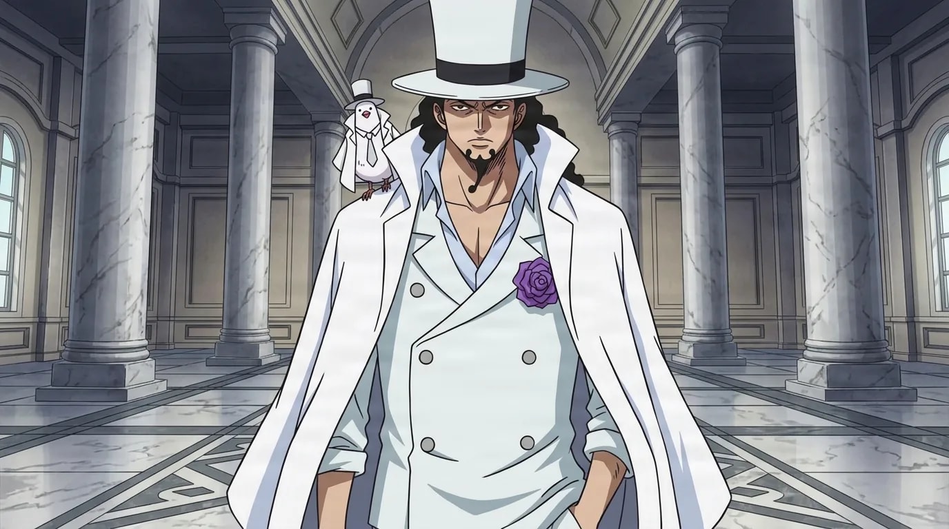 Tall stern man in a white top hat and white suit with a purple rose on his lapel, a small tie-wearing pigeon perched on his shoulder, standing in a marble columned hall.