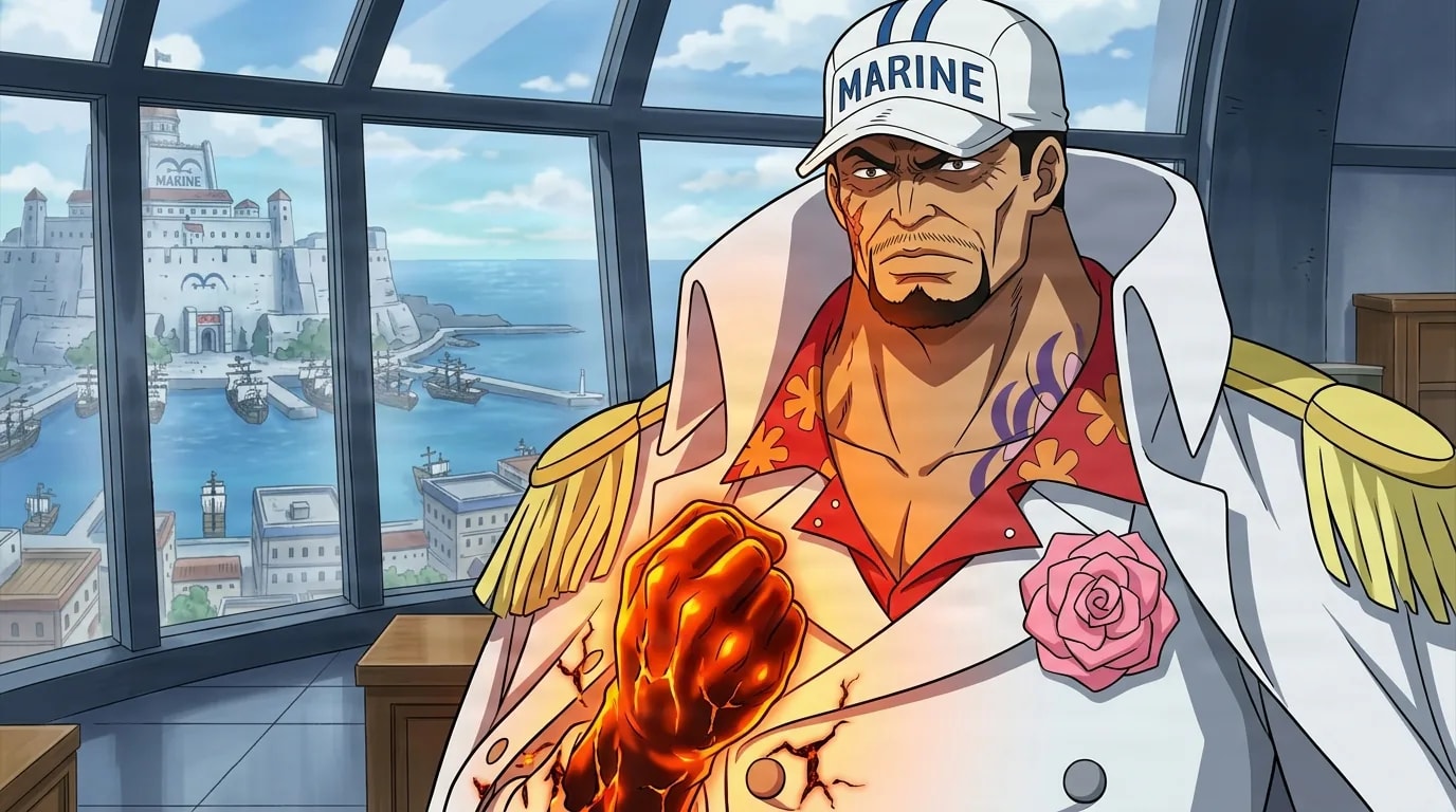Sakazuki in his white Marine admiral coat over a red floral shirt, magma glowing and cracking along his clenched fist, fortress harbor visible through the window behind him.