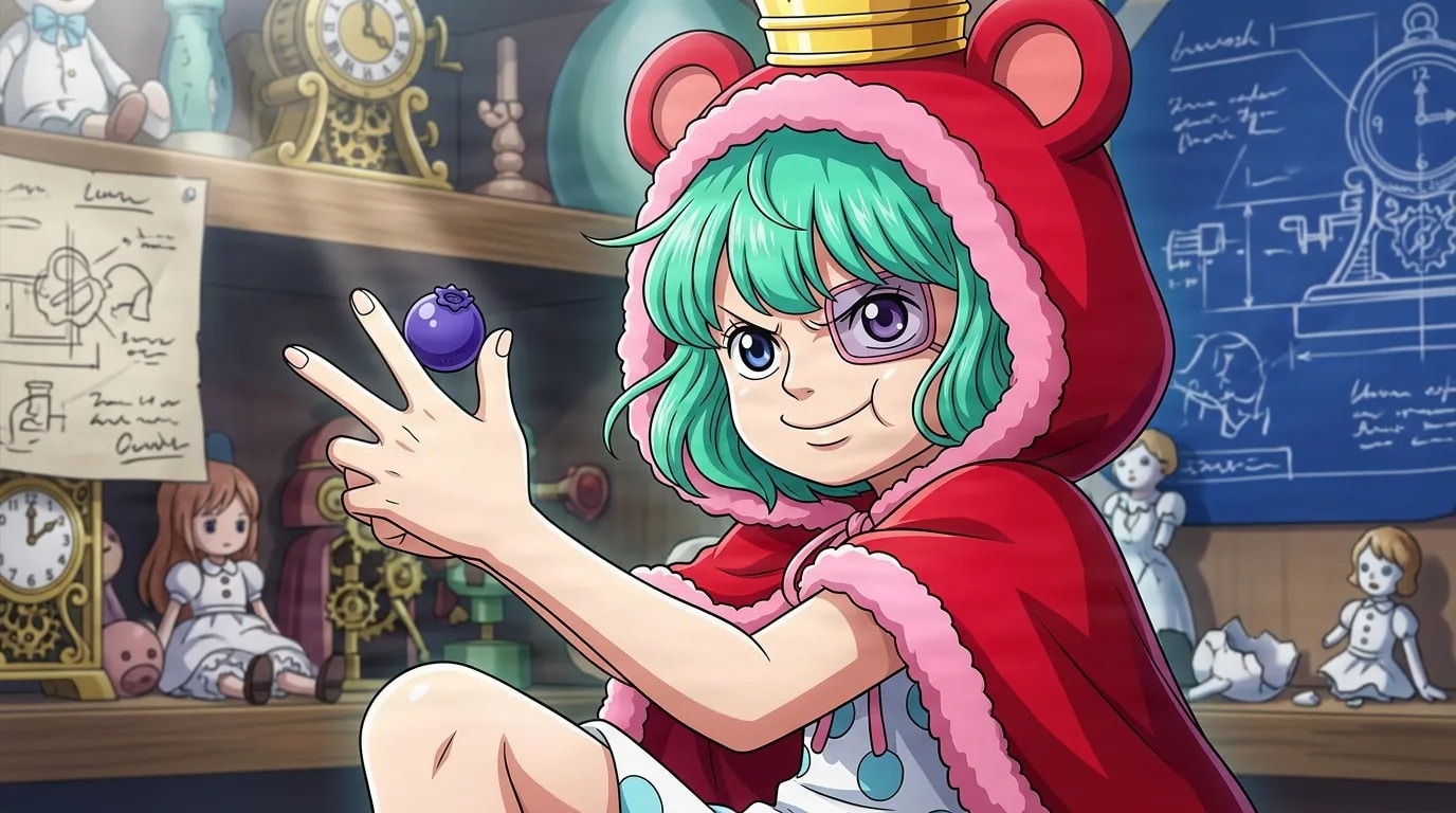 Sugar from One Piece in a close-framed cel-shaded anime scene with a detailed environment