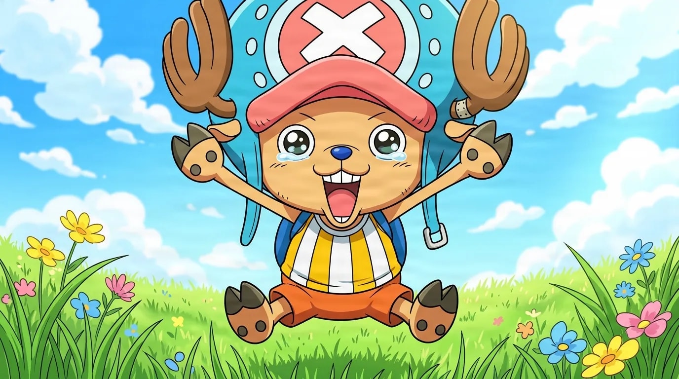 A small reindeer in a blue hat with a white cross and orange shorts leaps with both arms raised and a joyful teary smile in a sunny flower meadow.