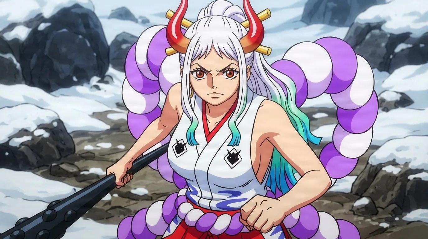 White-haired woman with red oni horns grips a heavy black club across her body in a fierce stance on a snowy battlefield, wearing a white sleeveless kimono top and a red skirt.