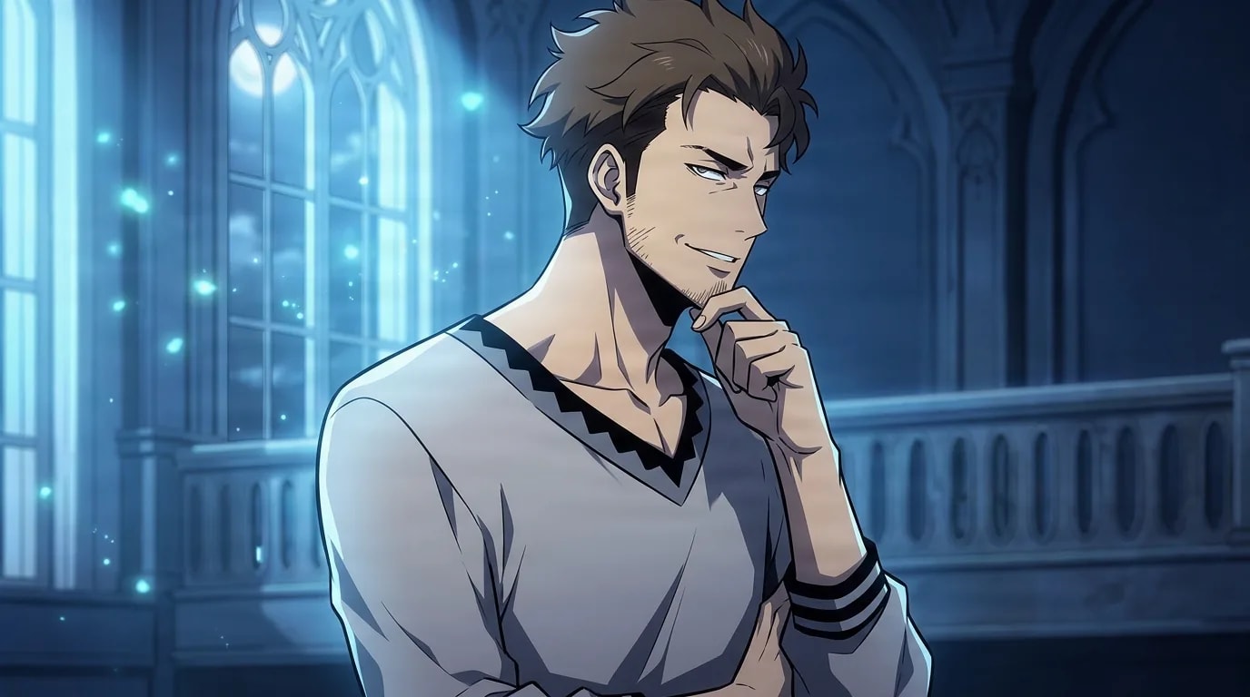 Brown-haired man with a goatee in a V-neck sweater resting a hand on his chin on a moonlit gothic hall balcony.