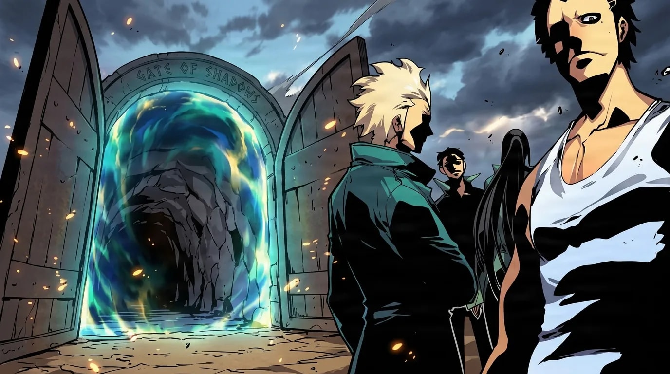 A group of hunters stands before a glowing blue dungeon gate under a stormy sky, a man in a white tank top and a fair-haired man in a green jacket in the foreground with others behind.