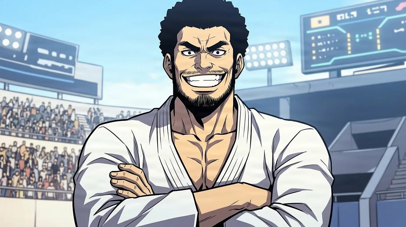 A muscular bearded man in a white martial arts gi stands with arms crossed and a broad grin inside a bright crowded stadium.