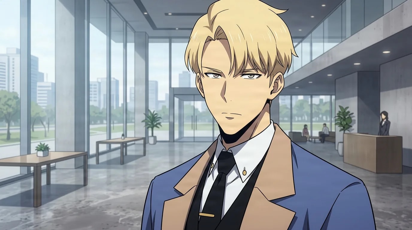 A blonde man in a blue suit jacket and dark tie stands with a composed serious expression inside a bright modern glass lobby with city greenery visible outside.